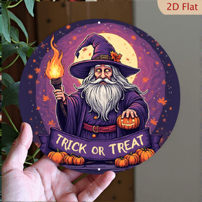1pc Halloween Metal Wall Decor - Wizard with Torch and Pumpkin, "Trick or Treat" Banner and Pumpkins, 8x8 Inch Round Aluminum Sign for Indoor/Outdoor - Spooky Home, Halloween Decor