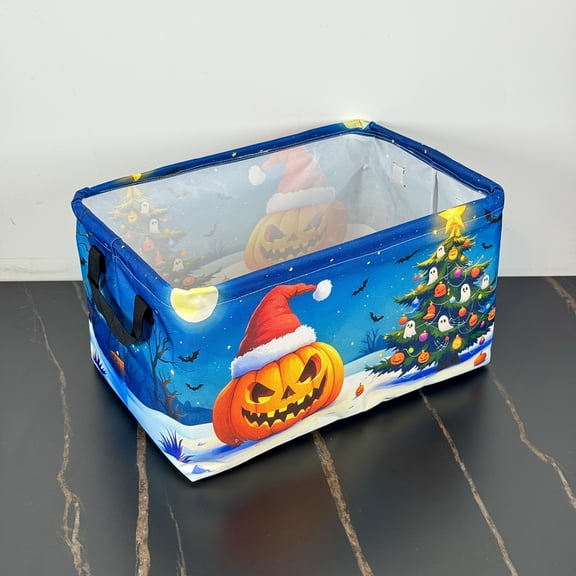 1pc Halloween Monster Toys Storage Basket with Spooky Ghosts & Jack-O-Lanterns Design - Foldable Open-Top Durable Polyester Organizer Bin with Sturdy Frame-Like Edges - Multi-Purpose Gift