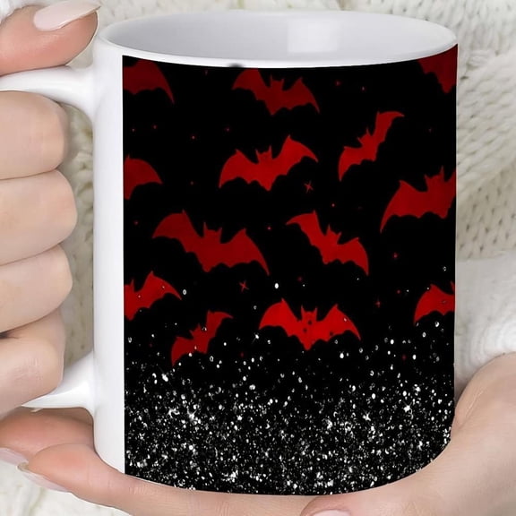 1pc Halloween Mug with Red Bats Sparkling Stars Design Glossy Black Coffee Cup Beverages Wine Tea Dishwasher Reusable Family Friends Halloween Party D
