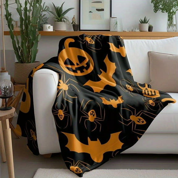 1pc Halloween Pumpkin Bat Pattern Flannel Throw Blanket - Soft Cozy All-Season Sofa Cover with Jack-O'-Lanterns & Bats Design, Black & Orange Fall Decor for Home, Machine Washable, Perfect for Hallow