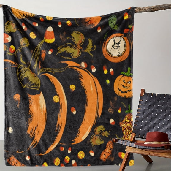 1pc Halloween Pumpkin Candy Theme Flannel Blanket - Soft Retro Style Throw with Jack-O'-Lanterns, Candy Corn & Bats Print, All-Season Cozy Gift for Sofa Bed Car Camping Travel, Mixed Colors, Hallowee