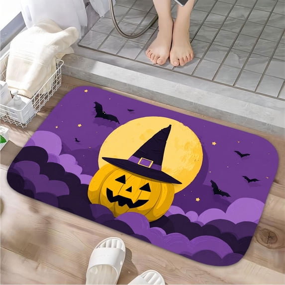 1pc Halloween Pumpkin with Witchs Absorbent Non-Slip Bathroom Thickened Flannel Rug Decor,Soft,Quick Drying,Suitable For Indoor/outdoor Use,Bathrooms,Bedrooms,Kitchens,Terrace,Laundry Rooms,16"x24"