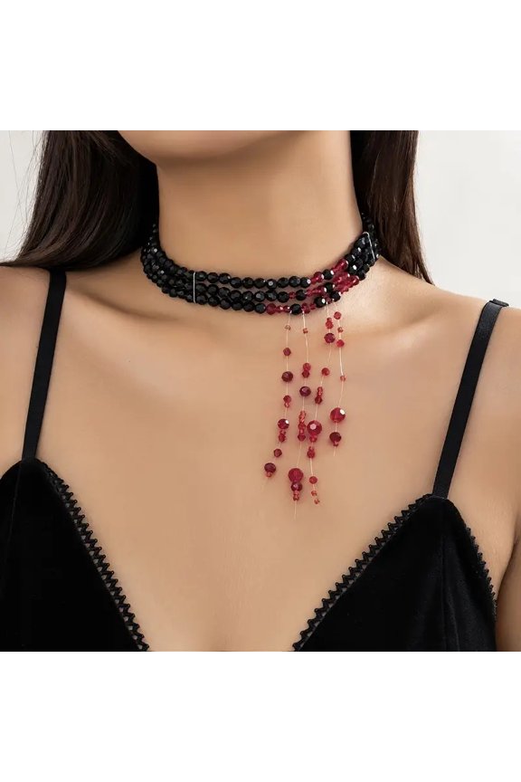 1pc Halloween Retro Gothic Style Crystal Tassel Pendant Choker Necklace Halloween Accessory