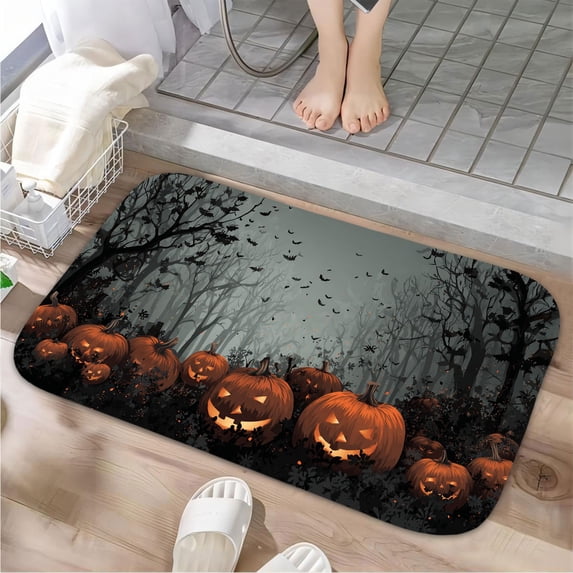 1pc Halloween Scene with Pumpkins Absorbent Non-Slip Bathroom Thickened Flannel Rug Decor,Soft,Quick Drying,Suitable For Indoor/outdoor Use,Bathrooms,Bedrooms,Kitchens,Terrace,Laundry Rooms,16"x24"