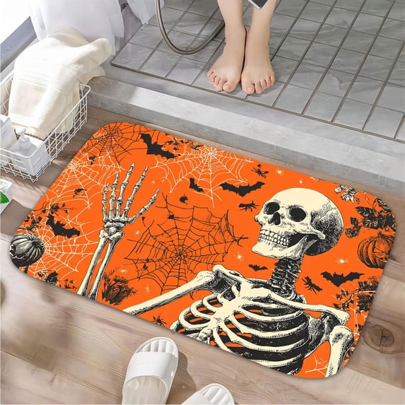 1pc Halloween Skeleton Absorbent Non-Slip Bathroom Thickened Flannel Rug Decor,Soft,Quick Drying,Suitable For Indoor/outdoor Use,Bathrooms,Bedrooms,Kitchens,Terrace,Laundry Rooms,16"x24"