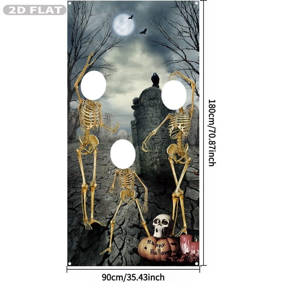 1pc Halloween Skeleton Party Banner, Photo Hole in Face Skull Banner, 3x6 FT Polyester Photography Background for Halloween