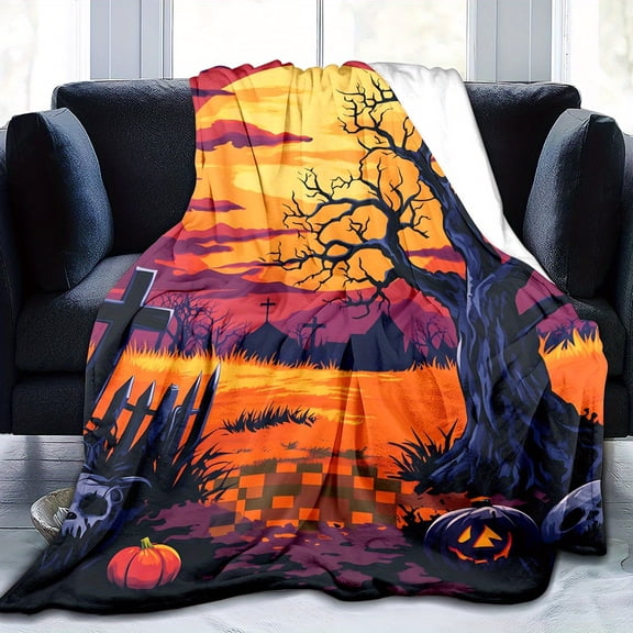1pc Halloween Spooky Cemetery Blanket - Graveyard Scene with Tombstones, Pumpkins, Skulls - Soft Flannel Throw for Home Decor, Camping, Travel - All-Season Cozy Halloween Party Decoration - Machine W