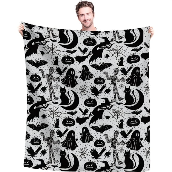 1pc Halloween Theme Print Blanket, Gothic Pumpkin Witch Cat Ghost Spider Web Print Flannel Blanket, Soft Warm Throw Blanket Nap Blanket For Couch Sofa Office Bed Camping Travel