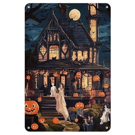 1pc Halloween-Themed Iron Painting, 8x12" - Spooky Haunted House & Party Scene with Pumpkins, Witches' Hats & Full Moon Background, Frameless Artwork for Halloween Decor, Halloween Decorations, 2D