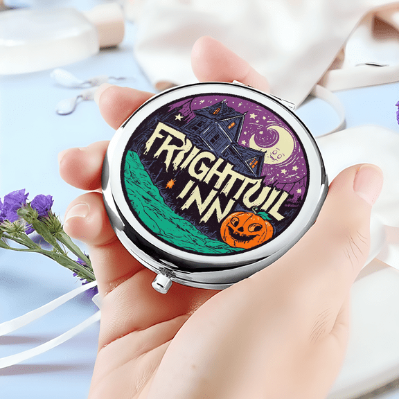 1pc Halloween-Themed Portable Foldable Round Makeup Mirror - Frightful Inn Design with Ghostly Crescent Moon, Creepy Cottage Jolly Pumpkin - Battery-Free Compact Glass Mirror for Halloween Decor