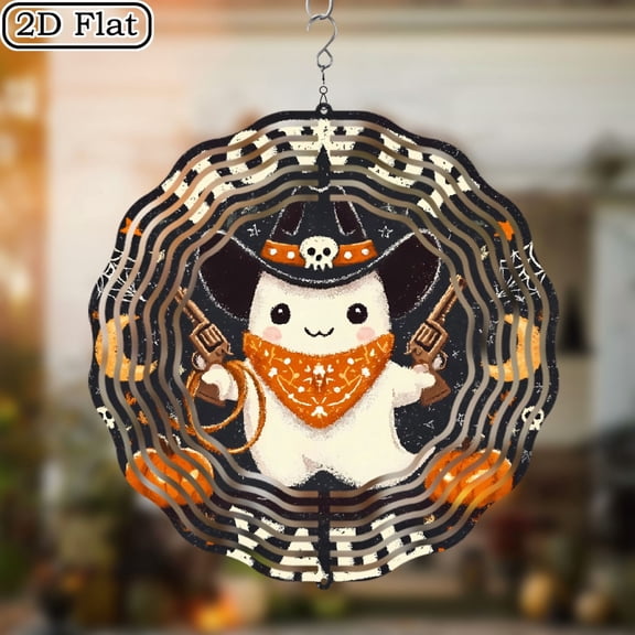 Halloween Western Cowboy Ghost and Pumpkin Design Round Metal Sign, Iron Wall Art for Indoor Festive Porch, Party, Room, Cafe, Bar, Garage Decor, 10x10Inch Diameter