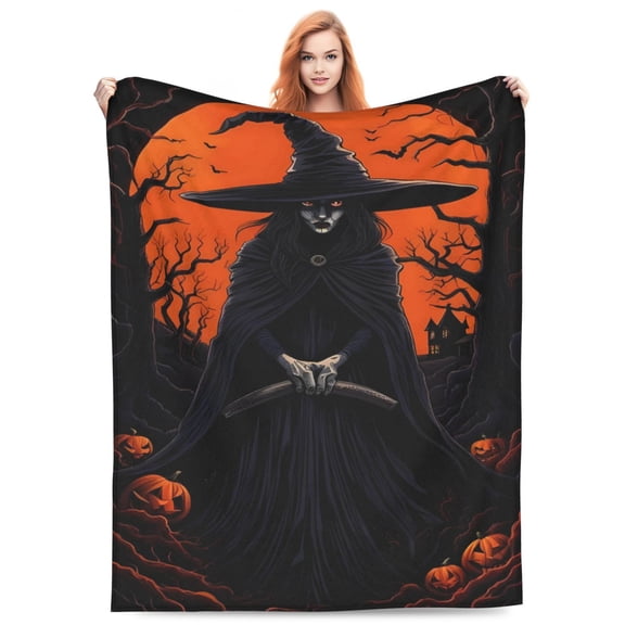 1pc Halloween Witch Sickle Pumpkin Night Flannel Blanket - Soft Warm All-Season Polyester Throw with Spooky Pumpkin & Haunted House Design, Machine Washable for Bed, Camping, Office, Home Decor - Per