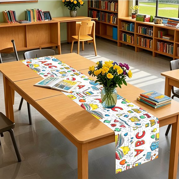 1pc Hand Doodle School Supply 2D Table Runner, Backyard Housewarming Decor, Great Holiday Gift Choice, Christmas Thanksgiving Labor Day