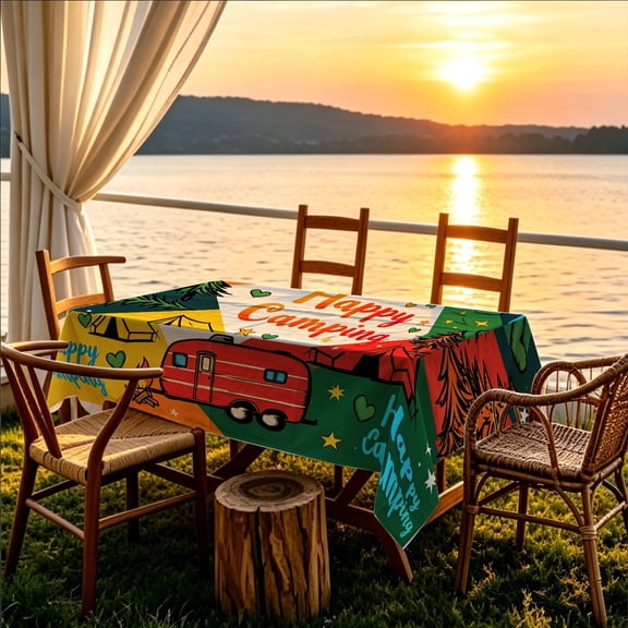 1pc Hand Drawn Pine Camper Van Happy Camping 2D Printed Tablecloth, Kitchen Patio Christmas Gathering Table Cover, Cute Christmas Gift for Camping Lovers