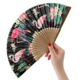 thumbnail image 1 of 1pc Hand Fan Flamingo Foldable 23cm 9inch Black Background Bamboo Rib and Slender Cotton Pouch, 1 of 7