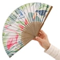 thumbnail image 1 of 1pc Hand Fan Flamingo Foldable 23cm 9inch White Background Bamboo Rib and Slender Cotton Pouch, 1 of 7