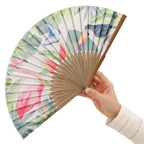 1pc Hand Fan Flamingo Foldable 23cm 9inch White Background Bamboo Rib and Slender Cotton Pouch