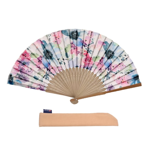1pc Hand Fan Flower Design Iris Watercolor Foldable 23cm 9inch with Bamboo Rib and Cotton Pouch