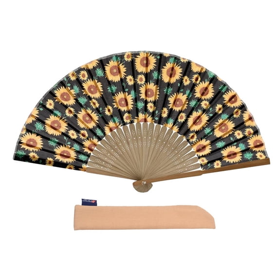 1pc Hand Fan Flower Design Sunflower Helianthus Annuus Foldable 23cm 9inch with Bamboo Rib and Cotton Pouch
