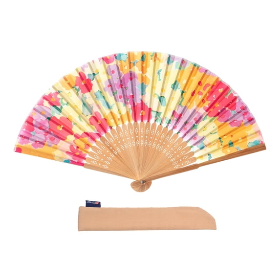 1pc Hand Fan Flower Design Viola Tricolor Foldable 23cm 9inch with Bamboo Rib and Cotton Pouch