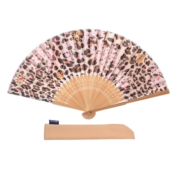 1pc Hand Fan Flower Leopard Foldable 23cm 9inch Bamboo Rid Fan with Slender Cotton Pouch