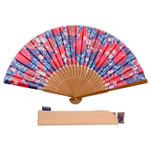 Hand Fan Fruits Design Pomegranate Foldable 9inch 23cm with Bamboo Rib and Cotton Pouch 1 pack
