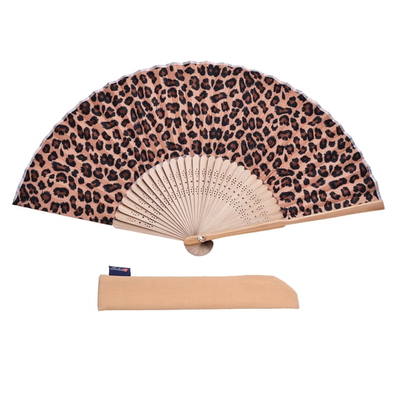 1pc Hand Fan Wild Leopard Foldable 23cm 9inch Bamboo Rid Fan with Slender Cotton Pouch