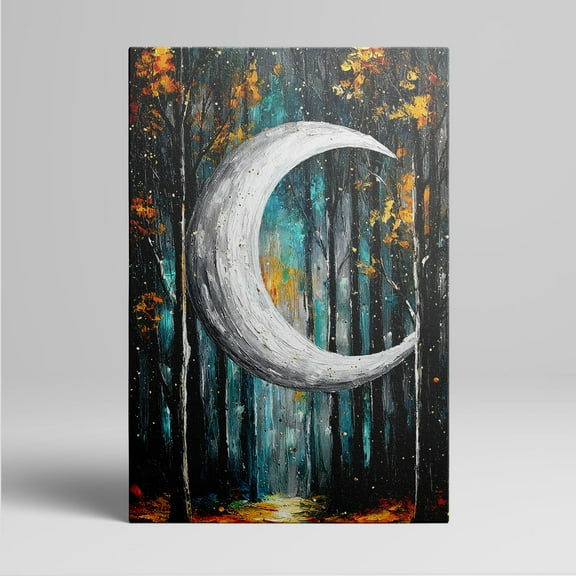 1pc Hand - Painted Canvas Wall Art with a Large Crescent Moon amidst a Mysterious Forest, Framed Decor room hanging Wall Picture Decor for Home Gifts, living room, bathroom, bedroom, kitchen wall art