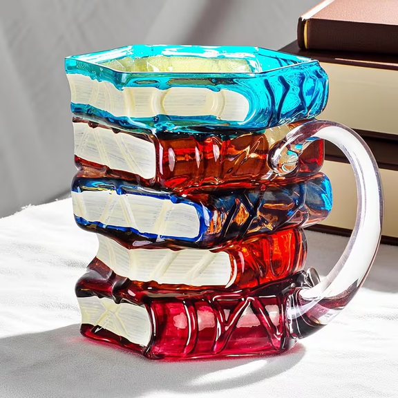 1pc Hand Painted Colorful Glass Coffee Mug 7oz Book Stack Design Stackable Drinking Cup Creative Art Mug for Book Lovers, Literary Fans, Women Book Club Holiday Gif