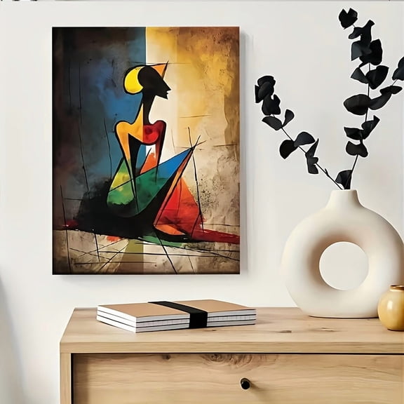 1pc Hand-Painted Cubist Art Canvas - Picasso-Inspired Abstract Painting with Bold Blue, Red, Yellow, Green, Black, Modern Cubist Decor for Living Room