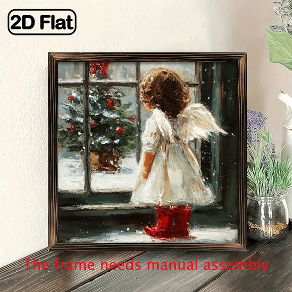 1pc Hand-Painted Rustic Farmhouse Angel Girl Window Painting - Wooden Framed Wall Art White Angel, Snowy Christmas Tree Scene Hand-Painted Holiday Xmas Decor, Perfect festival Gift.