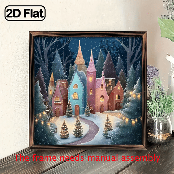, 1pc Hand-Painted Winter Snow Village Wooden Wall Art Sign 8x8 Inch Rustic Framed Christmas Painting with Twinkling Lights, Snow House and Pine Trees, Wooden Frame, Suitable for Farmhouse, H