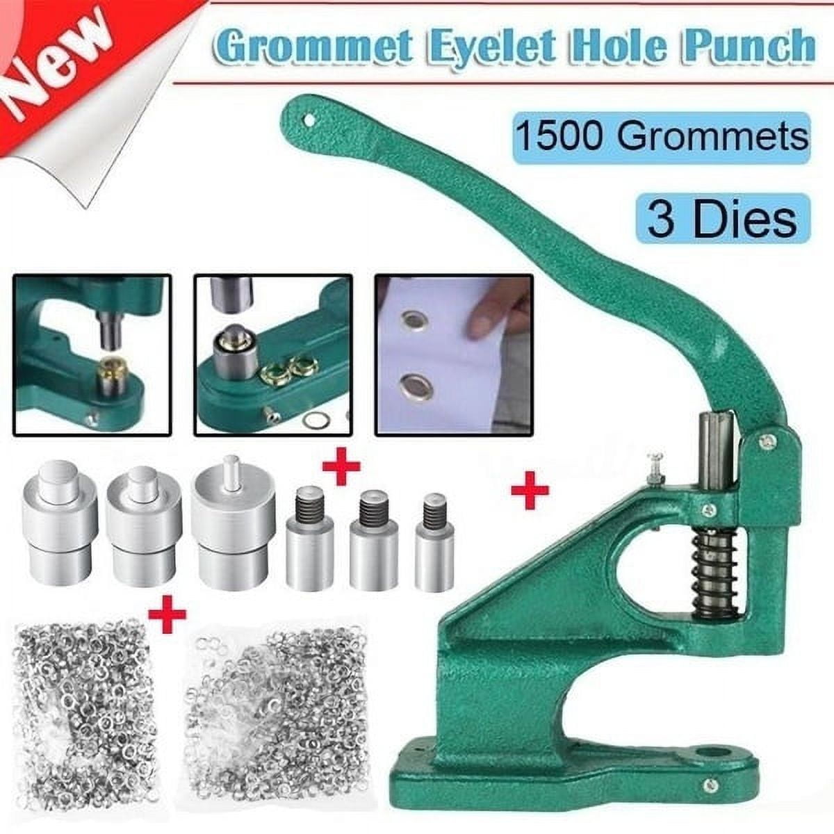 Grommet Machine Eyelet Hand Press Tool with 3 Dies and 1500 Pcs