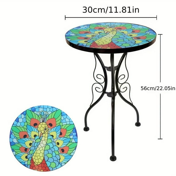 1pc Handcrafted Mini Glass Side Table with Vibrant Mosaic Top - Foldable, Casual Style in Red with Dragonfly, Butterfly & Peacock Designs for Garden & Patio Decor