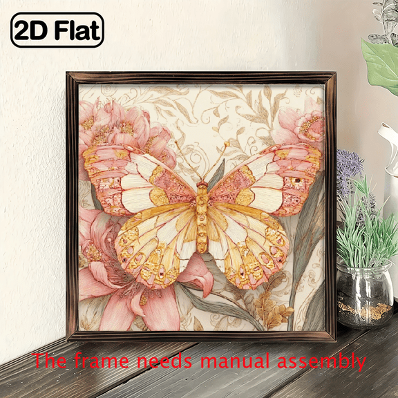1pc Handcrafted Rustic Wooden-Look Framed Butterfly Floral Wall Art - 8x8 Inch Vintage Beige Golden Pastel Pink Blue Green Hues, Artificial Wood Frame, Easy Hang Home Dcor for Bedroom, Living Room