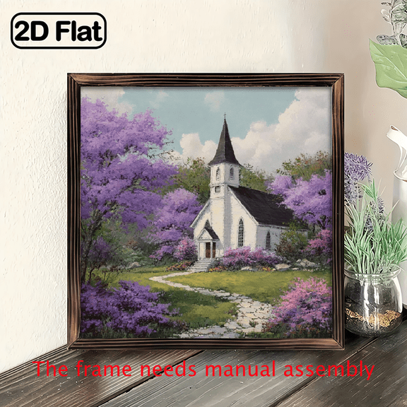 1pc Handcrafted Wood Church Lilac Bush Wall Hanging Sign - Rustic Farmhouse 8*8 Inch Horizontal Wood Framed Landscape Art, Lilac Flower Church Scenery Decor for Living Room, Office