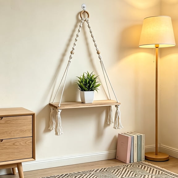 1pc Handmade Boho Tassel Hanging Shelf, Rope Swing Floating Plant Rack, Rustic Wall Decor for Bedroom, Living Room & Bathroom
