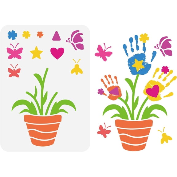 1pc Handprint Plant Painting Stencil 8.3x11.7inch Large Flowerpot Stencil Reusable Flowers Butterflies Bees Drawing Template Star Heart Triangle Pattern Stencil for Home DIY Crafts Decor