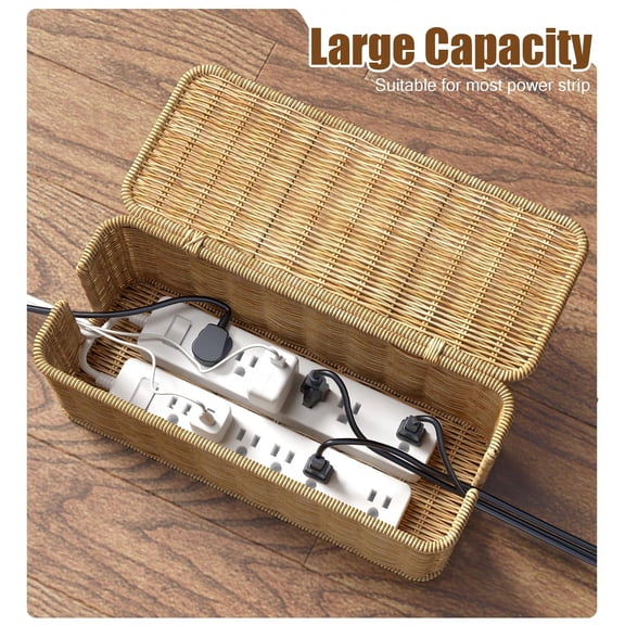1pc Handwoven Imitation Rattan Cable Management Box, Cord Hider Organizer with Lid, 2 Open Slots Cable Organizer Box for TV, Computer & USB Hub, Hide Power Strips & Cords