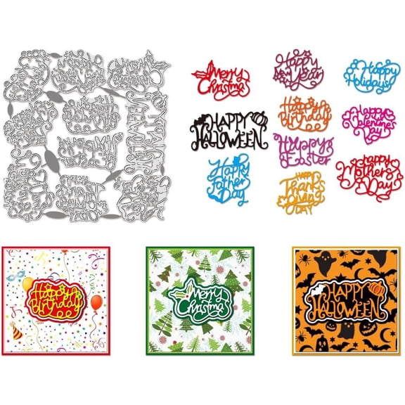 1pc Handwriting Multiple Holiday Names Cutting Dies Happy Birthday Die Cuts Celebration Text Carbon Steel Embossing Metal Templates