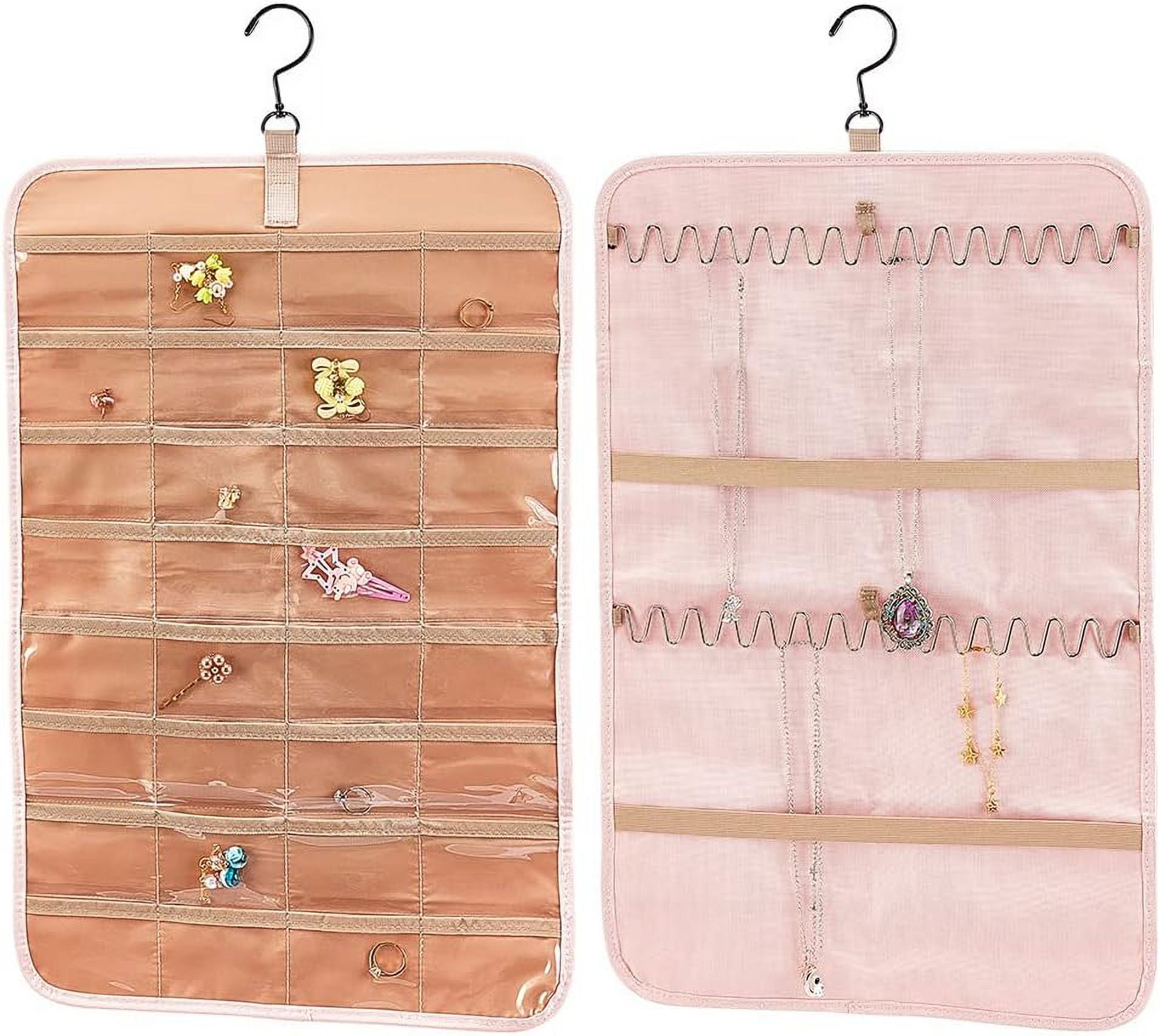 Double-Sided Hanging Jewelry Organizer With 80 Clear PVC Pockets - Embossed Leaf Pattern White Closet Storage For Necklaces, Earrings & Rings