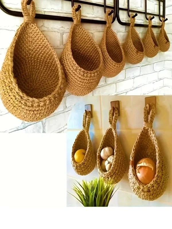 1pc Hanging Wall Vegetable Fruit Baskets Jute Teardrop Hanging Basket