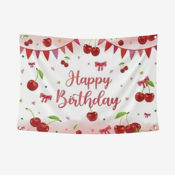 1pc Happy Birthday Backdrop Decoration Red Cherry Bow Sweet Banner Suitable For Birthday Party Cake Table Decoration Photo Booth Photography Background Props