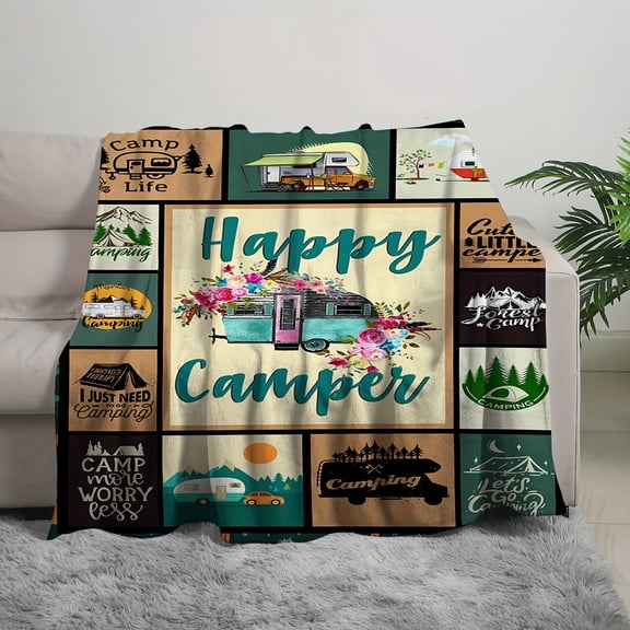 1pc "Happy Camper" Flannel Blanket - Cozy, Multi-Purpose Throw with Vintage Camping Designs for Sofa, Bedroom, Travel & Outdoor Use, Machine Washable, All-Season Comfort