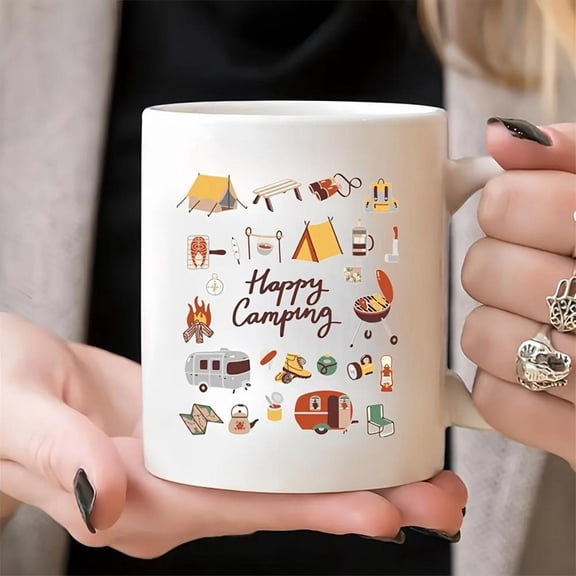 1pc Happy Camping Coffee Mug Ceramic Cup with Camping Themed Design Tent Campfire RV Campsite Heat Resistant Washable Ideal Camping Outdoor Kitchen Of