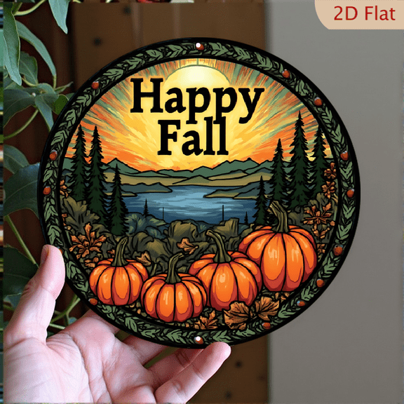1pc Happy Fall Metal Wall Decor - Autumn Scene with Pumpkins, Lake, Mountains & Trees, 8x8 Inch Round Aluminum Sign for Indoor/Outdoor - Harvest Decor, Thanksgiving Decor, Fall Foliage