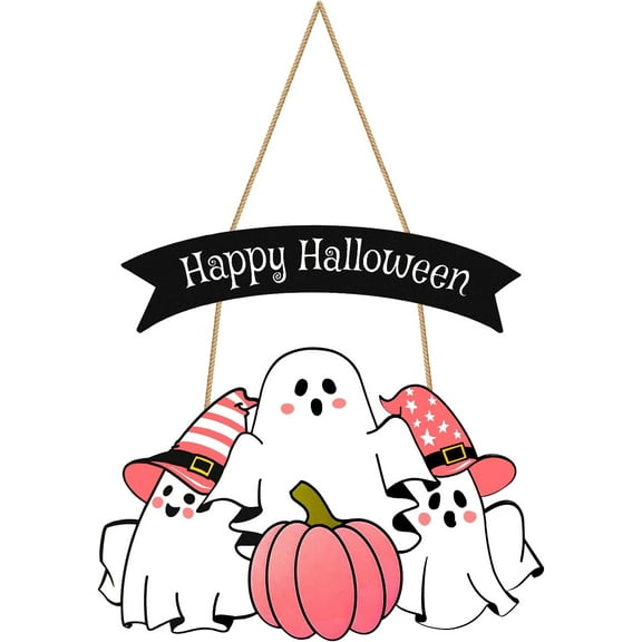 1pc Happy Halloween Door Decorations As Pink Pumpkins And Pink Ghost Decorations,Pink Halloween Decorations In Halloween Wreath And Pink Ghost Decor,Wooden Pastel Halloween Door Sign