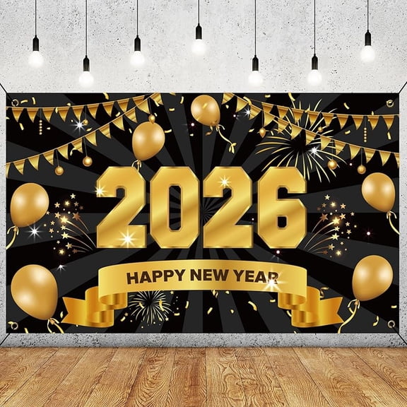 1pc Happy New Years Eve Banner, Party Supplies 2026 - Black and Gold Large New Years Backdrop 2026, New Year Eve Banner Party Decorations 2026 Party Decor for NYE