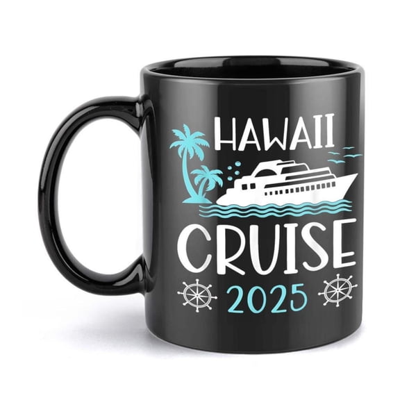 1pc Hawaii Cruise Themed Coffee Mug Tropical Vacation Cup with Cruise Ship Tree Design Black Ceramic Cup Hot Cold Drinks Christmas New Year Wedding Anniversary Gifts Ideal Cruise E