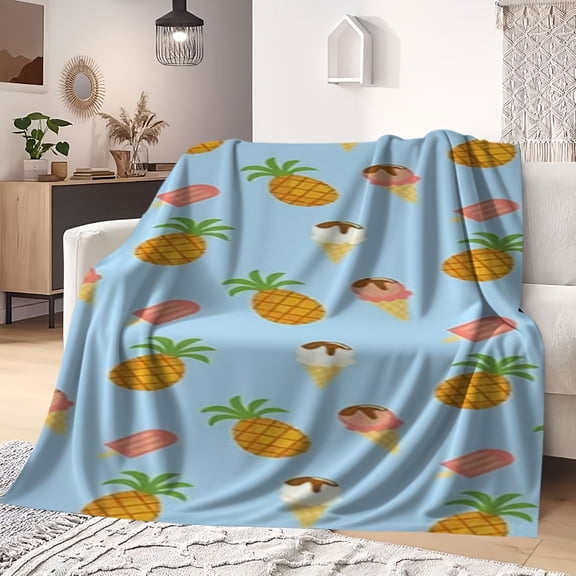 1pc Hawaiian Pineapple & Ice Flannel Blanket - Turquoise Blue with Pink Pineapple & Brown Ice Slices, Soft Warm All-Season Bedspread for Camping, Sofa, Bed, ' Room Decor - Machine Washable Cozy Gift